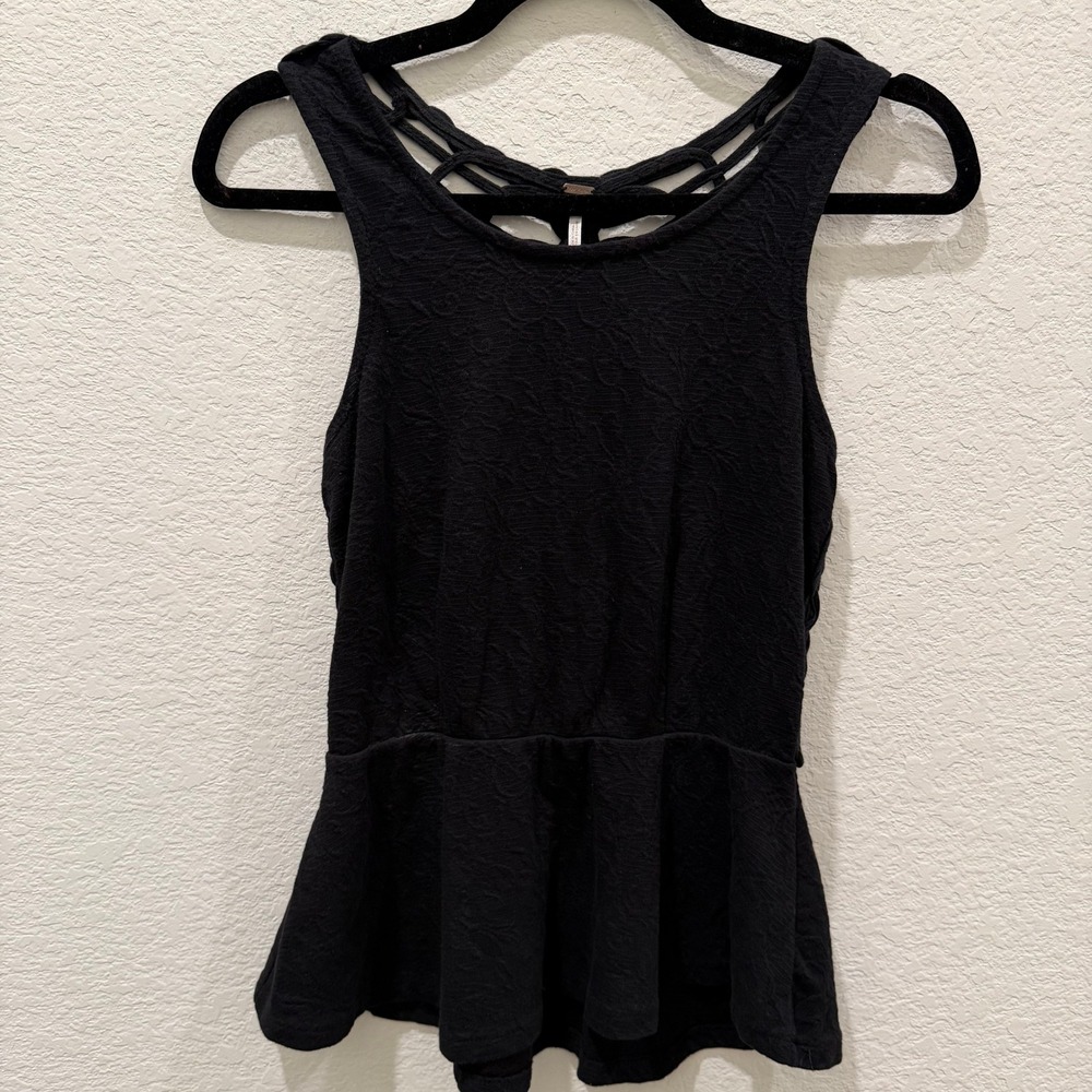 Free People Black Macrame Crochet Open Back Peplum Tank Top Small